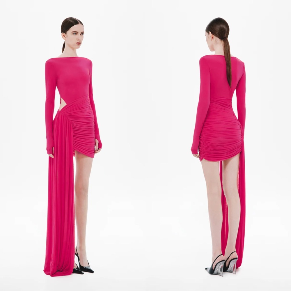 MISHA THE SARI LONG SLEEVE STOCKING MINI DRESS Vibrant Pink Asymmetrical Dress